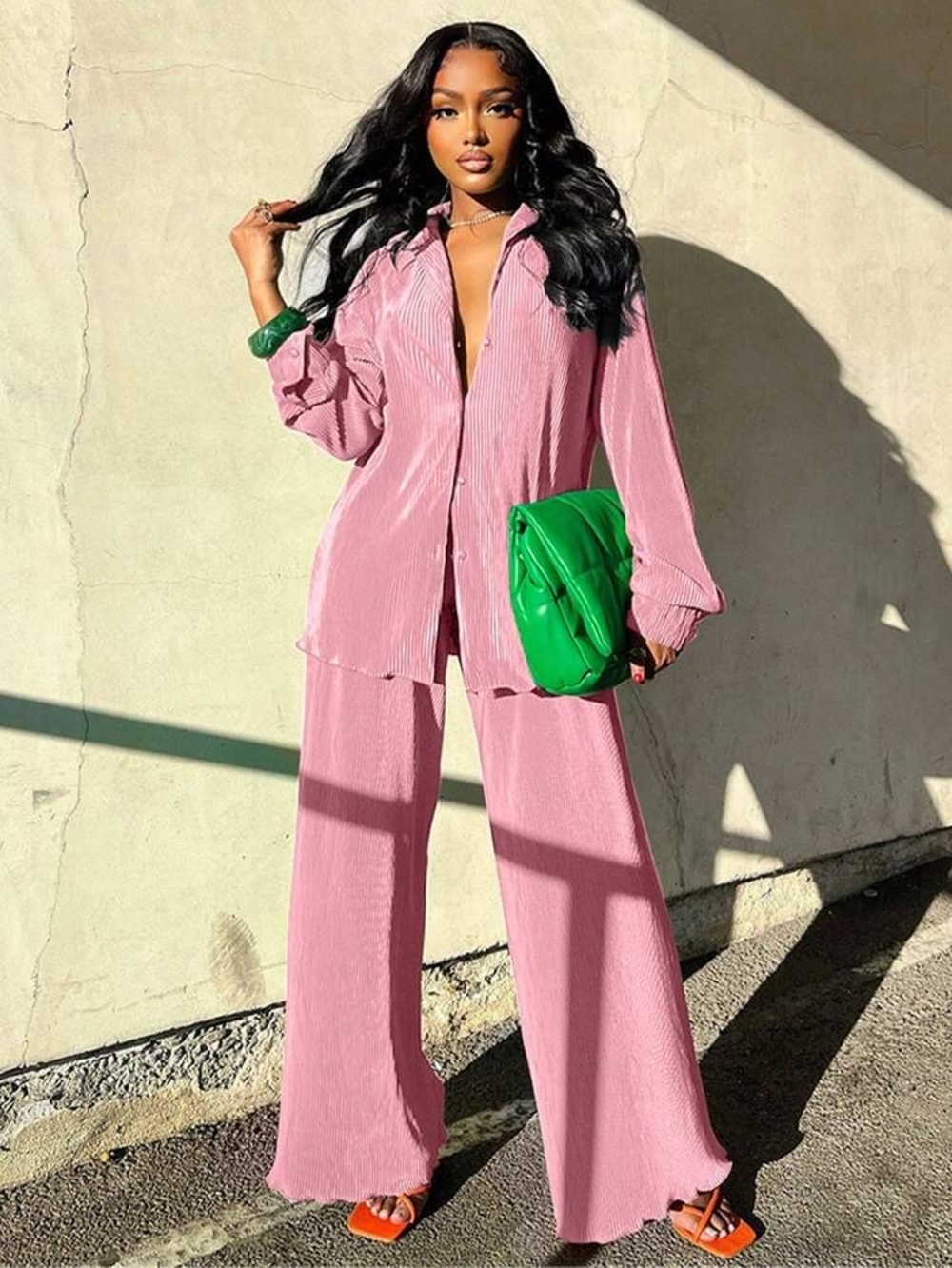 Brand New Soft Pink Pleated Two-Piece Button Front Closure Tunic Top & Pants Set